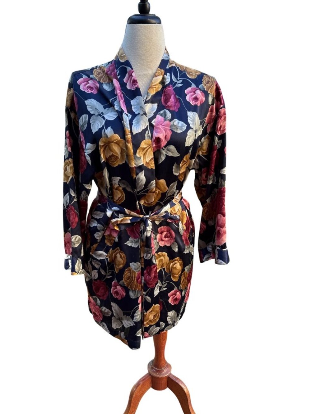 Victorias Secret Floral Satin Kimono Robe With Belt Navy Multicolor Small O/S